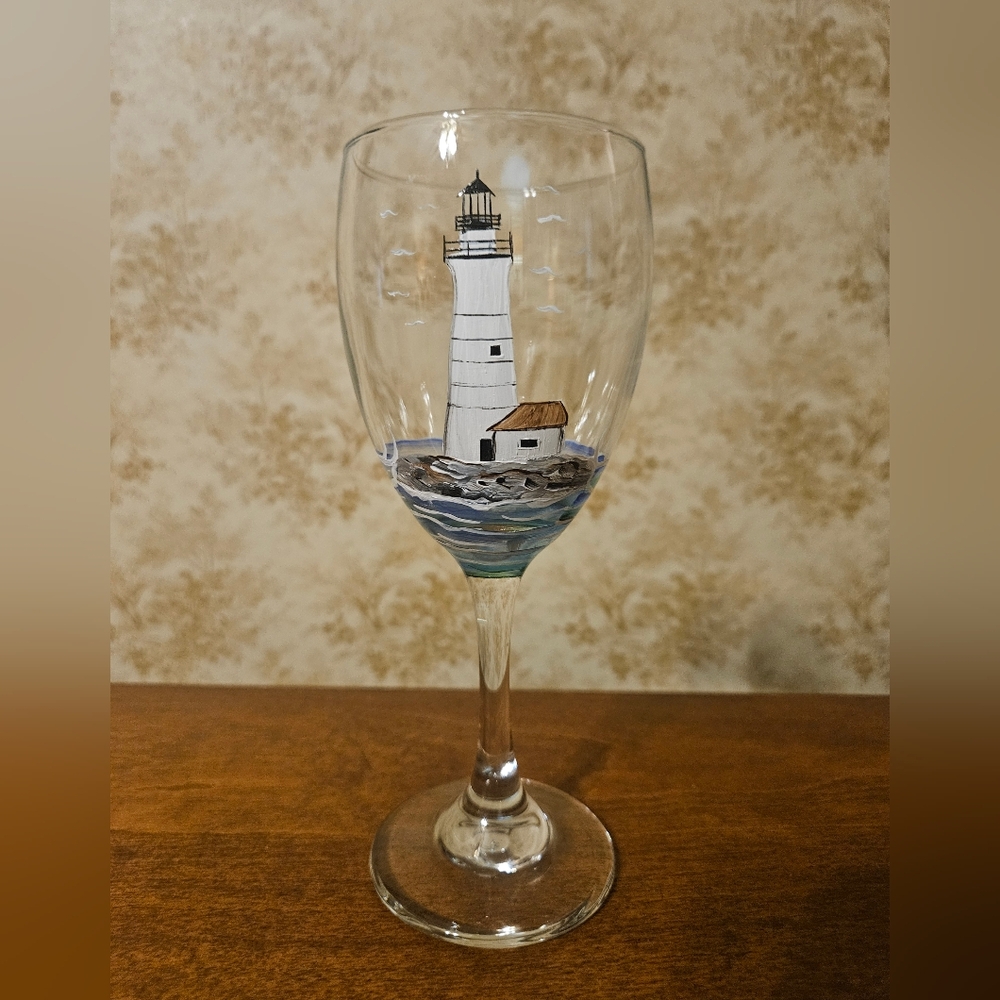 Hand Painted Lighthouse Wine Glass